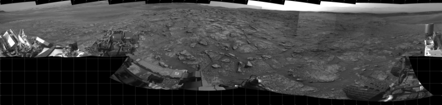 NASA's Mars rover Curiosity took 19 images in Gale Crater using its mast-mounted Left Navigation Camera (Navcam) to create this mosaic. The seam-corrected mosaic provides a 360-degree cylindrical projection panorama of the Martian surface centered at 230 degrees azimuth (measured clockwise from north). Curiosity took the images on July 03, 2019, Sol 2454 of the Mars Science Laboratory mission at drive 1666, site number 76. The local mean solar time for the image exposures was from 2 PM to 4 PM. Each Navcam image has a 45 degree field of view. CREDIT: NASA/JPL-Caltech