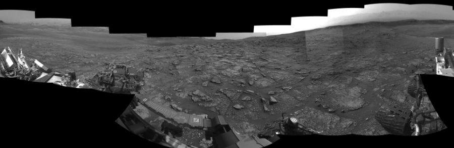 NASA's Mars rover Curiosity took 19 images in Gale Crater using its mast-mounted Left Navigation Camera (Navcam) to create this mosaic. The seam-corrected mosaic provides a 360-degree cylindrical-perspective projection panorama of the Martian surface suitable for stereo viewing, centered at 21 degrees azimuth (measured clockwise from north). This single-eye view must be combined with the partner right image to be viewed in stereo.  Curiosity took the images on July 03, 2019, Sol 2454 of the Mars Science Laboratory mission at drive 1666, site number 76. The local mean solar time for the image exposures was from 2 PM to 4 PM. Each Navcam image has a 45-degree field of view. CREDIT: NASA/JPL-Caltech