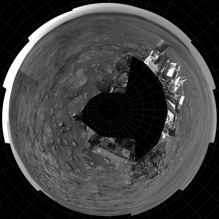 NASA's Mars rover Curiosity took 19 images in Gale Crater using its mast-mounted Left Navigation Camera (Navcam) to create this mosaic. The seam-corrected mosaic provides a polar stereographic projection panorama of the Martian surface with 0 degrees azimuth (measured clockwise from north) at the top of the image. Curiosity took the images on July 03, 2019, Sol 2454 of the Mars Science Laboratory mission at drive 1666, site number 76. The local mean solar time for the image exposures was from 2 PM to 4 PM. Each Navcam image has a 45-degree field of view. CREDIT: NASA/JPL-Caltech