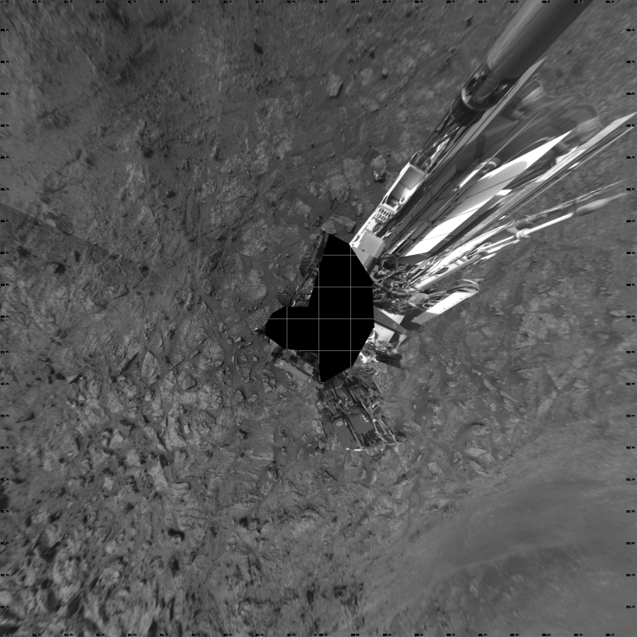 NASA's Mars rover Curiosity took 19 images in Gale Crater using its mast-mounted Left Navigation Camera (Navcam) to create this mosaic. The seam-corrected mosaic provides a vertical projection of the Martian surface near the rover, covering an area of 20 meters (north/south) by 20 meters (east/west). North is up in the image. This projection provides an overhead view, but introduces distortion for items not on the surface, such as large rocks and the rover itself.  Curiosity took the images on July 03, 2019, Sol 2454 of the Mars Science Laboratory mission at drive 1666, site number 76. The local mean solar time for the image exposures was from 2 PM to 4 PM. Each Navcam image has a 45-degree field of view. CREDIT: NASA/JPL-Caltech