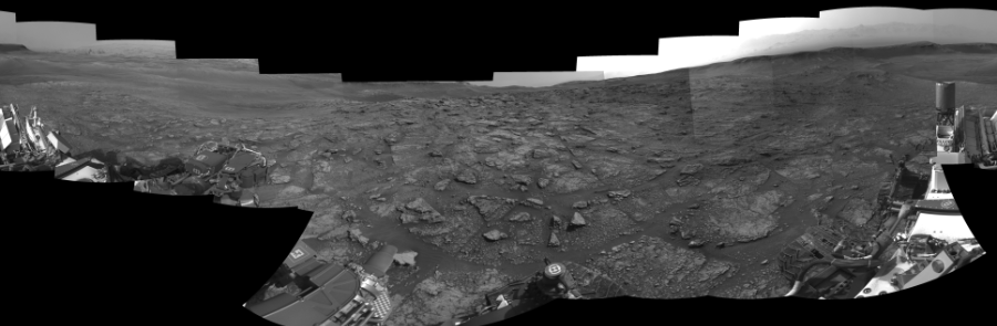 NASA's Mars rover Curiosity took 19 images in Gale Crater using its mast-mounted Right Navigation Camera (Navcam) to create this mosaic. The seam-corrected mosaic provides a 0-degree cylindrical-perspective projection panorama of the Martian surface suitable for stereo viewing, centered at 194 degrees azimuth (measured clockwise from north). This single-eye view must be combined with the partner left image to be viewed in stereo.  Curiosity took the images on July 03, 2019, Sol 2454 of the Mars Science Laboratory mission at drive 1666, site number 76. The local mean solar time for the image exposures was from 2 PM to 4 PM. Each Navcam image has a 45-degree field of view. CREDIT: NASA/JPL-Caltech