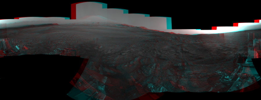 NASA's Mars rover Curiosity took 23 image pairs in Gale Crater using its mast-mounted Navigation Camera (Navcam) to create this mosaic. The seam-corrected mosaic provides a 360-degree cylindrical perspective projection panorama of the Martian surface suitable for stereo viewing, centered at 16 degrees azimuth (measured clockwise from north). This anaglyph must be viewed with red/blue glasses (red over left eye).  Curiosity took the images on July 08, 2019, Sol 2459 of the Mars Science Laboratory mission at drive 1714, site number 76. The local mean solar time for the image exposures was 5 PM. Each Navcam image has a 45-degree field of view. CREDIT: NASA/JPL-Caltech