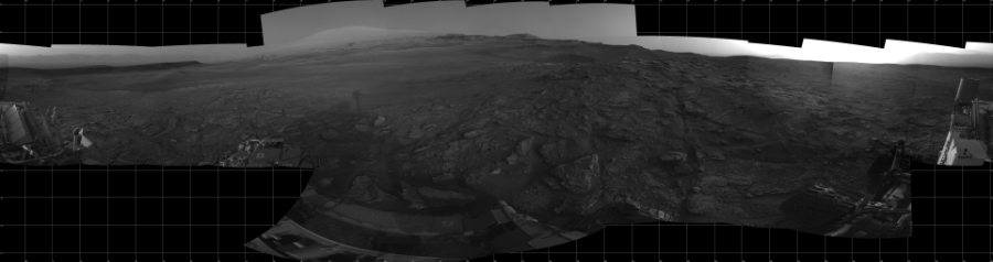 NASA's Mars rover Curiosity took 23 images in Gale Crater using its mast-mounted Left Navigation Camera (Navcam) to create this mosaic. The seam-corrected mosaic provides a 360-degree cylindrical projection panorama of the Martian surface centered at 161 degrees azimuth (measured clockwise from north). Curiosity took the images on July 08, 2019, Sol 2459 of the Mars Science Laboratory mission at drive 1714, site number 76. The local mean solar time for the image exposures was 5 PM. Each Navcam image has a 45 degree field of view. CREDIT: NASA/JPL-Caltech
