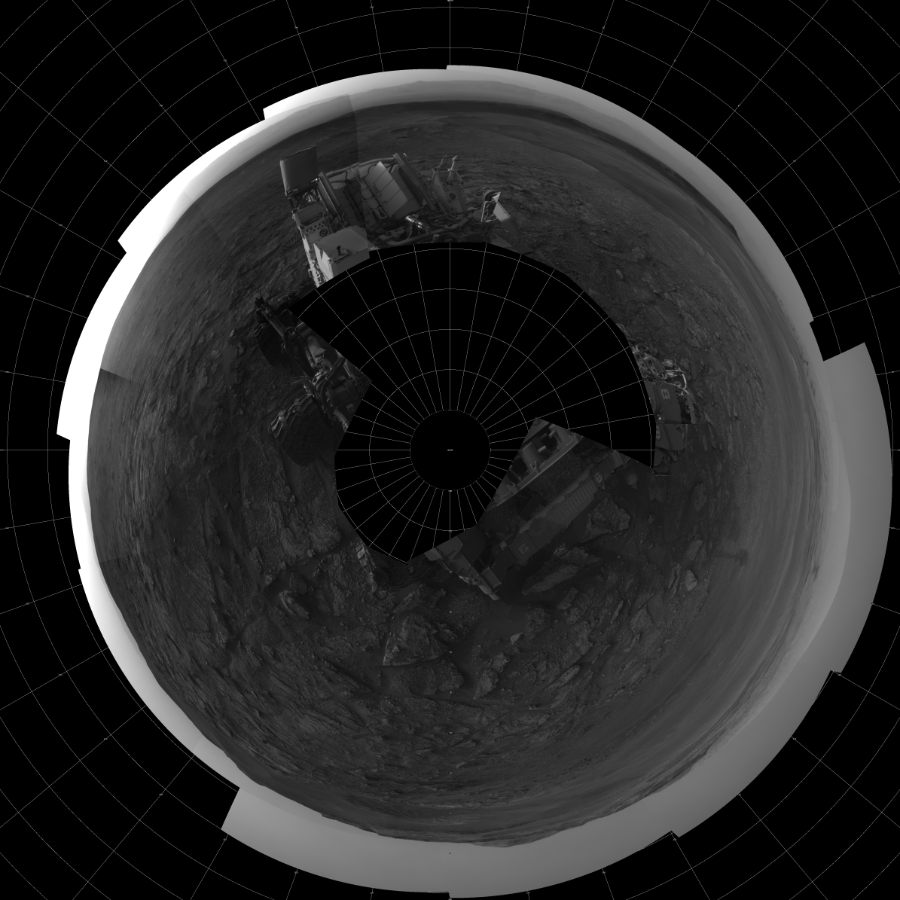 NASA's Mars rover Curiosity took 23 images in Gale Crater using its mast-mounted Left Navigation Camera (Navcam) to create this mosaic. The seam-corrected mosaic provides a polar stereographic projection panorama of the Martian surface with 0 degrees azimuth (measured clockwise from north) at the top of the image. Curiosity took the images on July 08, 2019, Sol 2459 of the Mars Science Laboratory mission at drive 1714, site number 76. The local mean solar time for the image exposures was 5 PM. Each Navcam image has a 45-degree field of view. CREDIT: NASA/JPL-Caltech