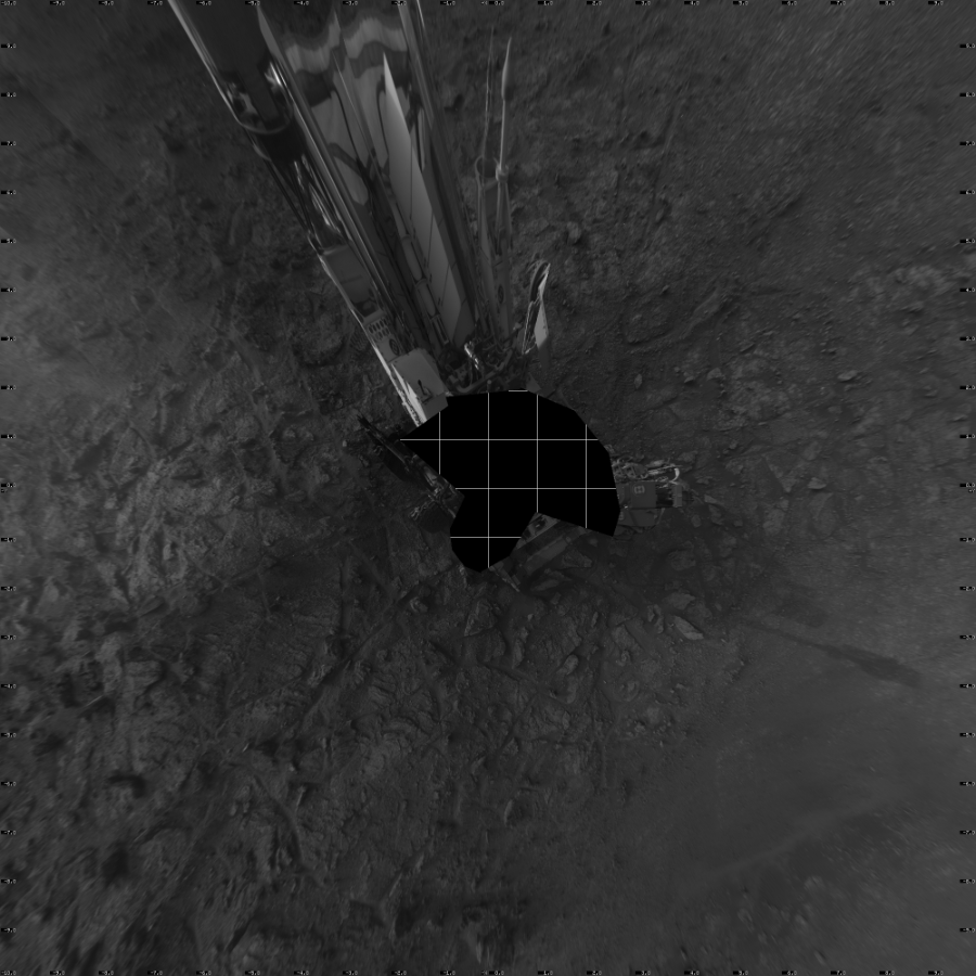 NASA's Mars rover Curiosity took 23 images in Gale Crater using its mast-mounted Left Navigation Camera (Navcam) to create this mosaic. The seam-corrected mosaic provides a vertical projection of the Martian surface near the rover, covering an area of 20 meters (north/south) by 20 meters (east/west). North is up in the image. This projection provides an overhead view, but introduces distortion for items not on the surface, such as large rocks and the rover itself.  Curiosity took the images on July 08, 2019, Sol 2459 of the Mars Science Laboratory mission at drive 1714, site number 76. The local mean solar time for the image exposures was 5 PM. Each Navcam image has a 45-degree field of view. CREDIT: NASA/JPL-Caltech