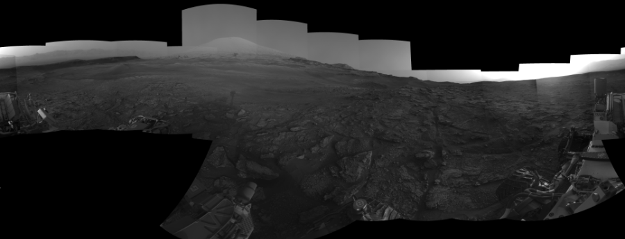 NASA's Mars rover Curiosity took 23 images in Gale Crater using its mast-mounted Right Navigation Camera (Navcam) to create this mosaic. The seam-corrected mosaic provides a 0-degree cylindrical-perspective projection panorama of the Martian surface suitable for stereo viewing, centered at 189 degrees azimuth (measured clockwise from north). This single-eye view must be combined with the partner left image to be viewed in stereo.  Curiosity took the images on July 08, 2019, Sol 2459 of the Mars Science Laboratory mission at drive 1714, site number 76. The local mean solar time for the image exposures was 5 PM. Each Navcam image has a 45-degree field of view. CREDIT: NASA/JPL-Caltech