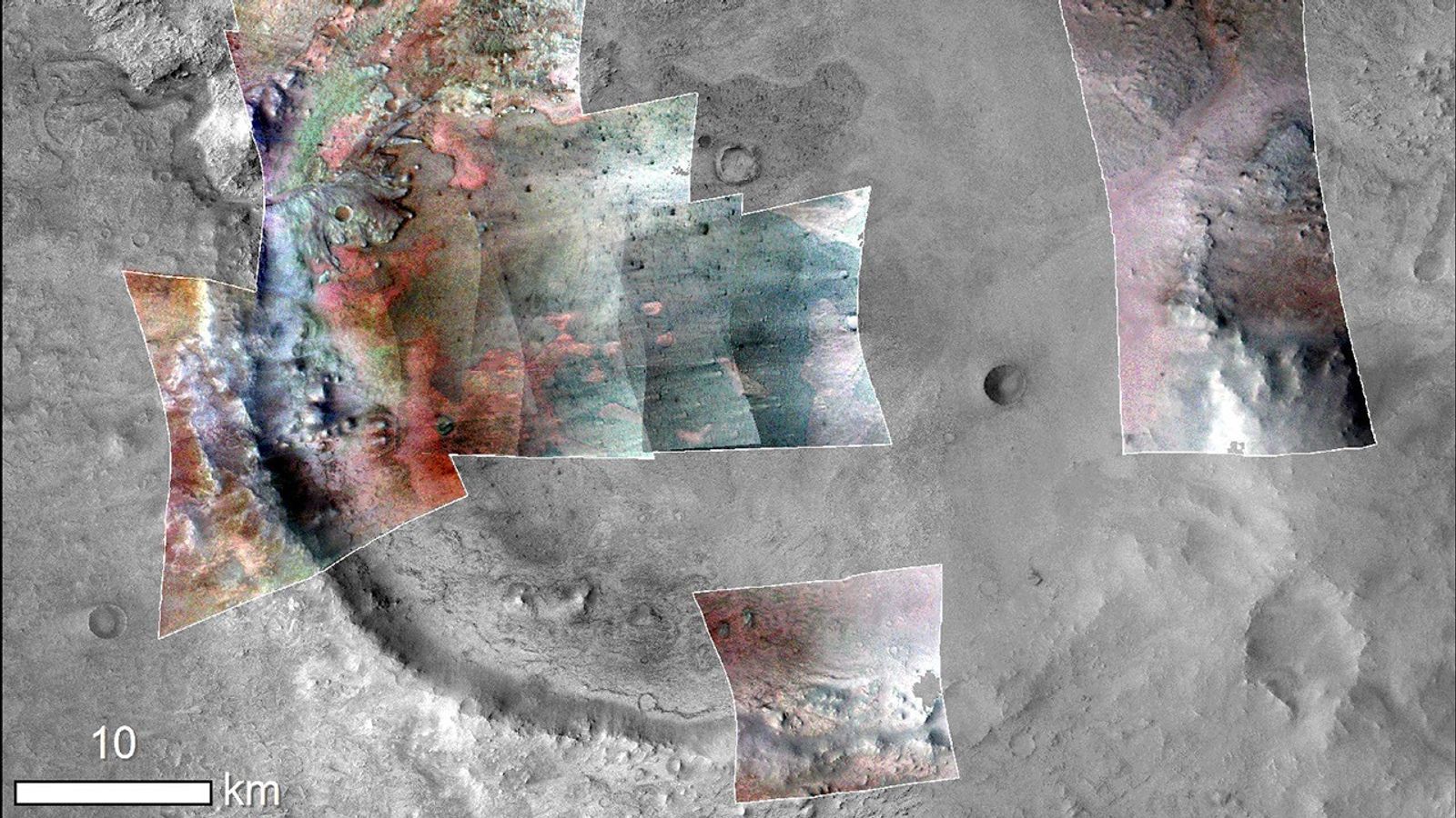 Color has been added to highlight minerals in this image of Jezero Crater on Mars, the landing site for NASA's Mars 2020 mission.