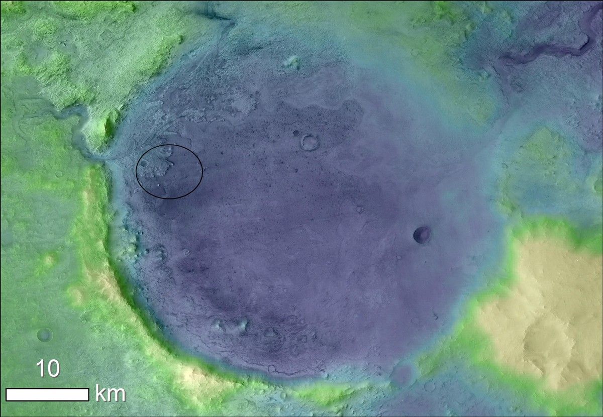 Lighter colors represent higher elevation in this image of Jezero Crater on Mars, the landing site for NASA's Mars 2020 mission. The oval indicates the landing ellipse, where the rover will be touching down on Mars.