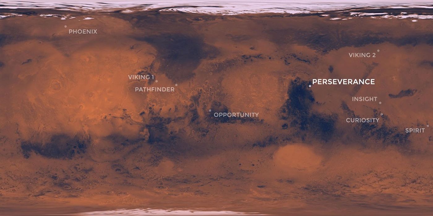 This map of the Red Planet shows Jezero Crater, where NASA's Mars 2020 rover is scheduled to land in February 2021. Also included are the locations where all of NASA's other successful Mars missions touched down.