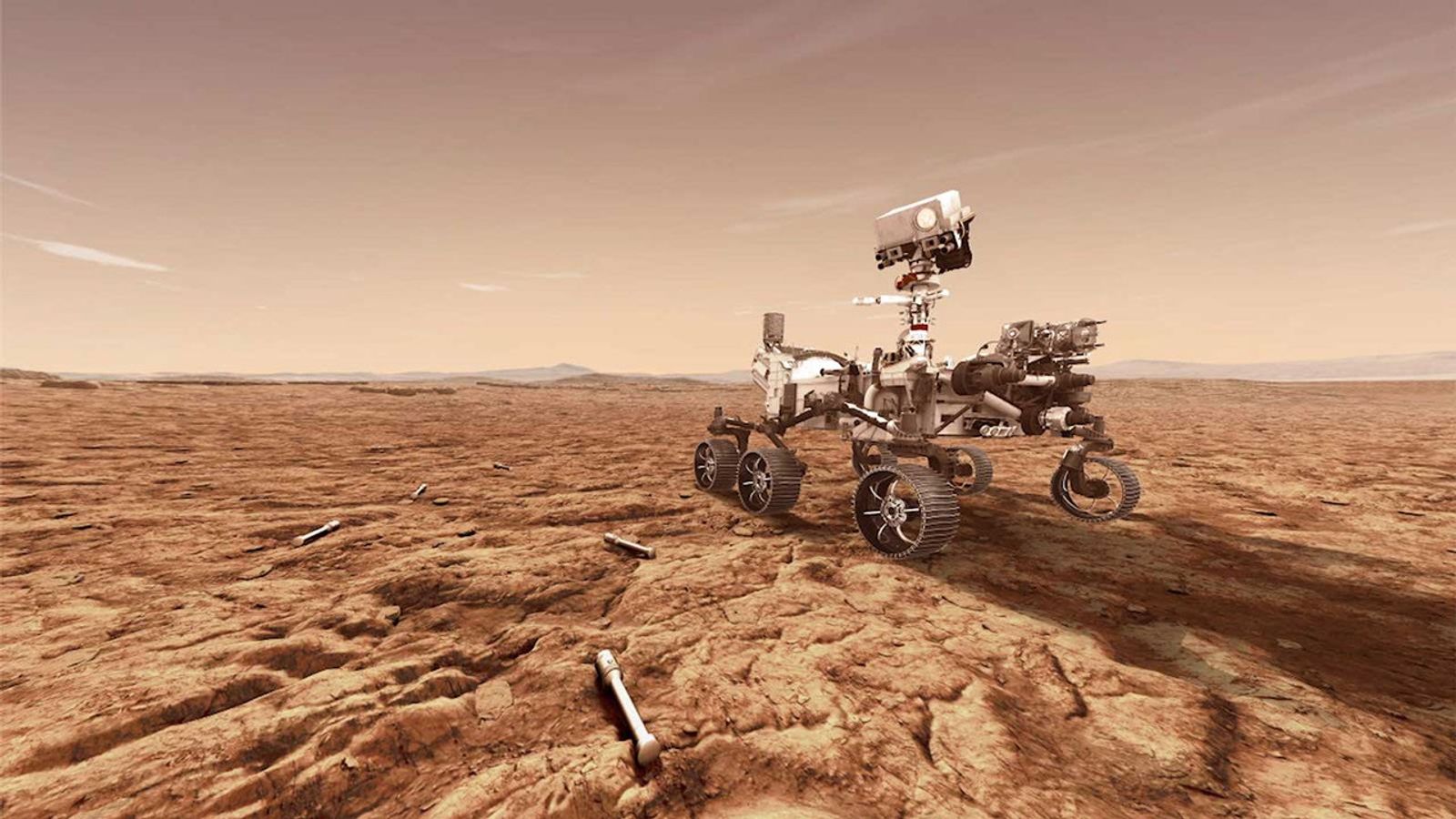 NASA's Mars 2020 rover will store rock and soil samples in sealed tubes on the planet's surface for future missions to retrieve, as seen in this illustration.