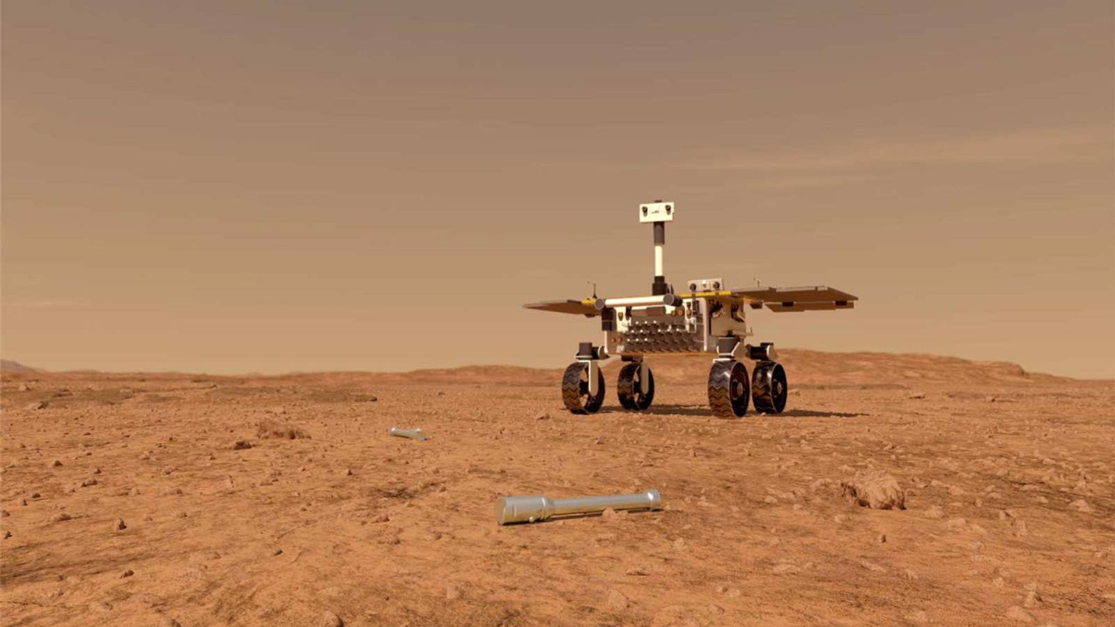 This illustration shows a concept of what a rover fetching rock and soil samples on Mars for return to Earth could look like.