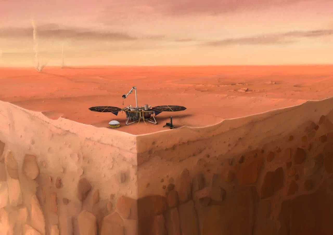 In this artist's concept of NASA's InSight lander on Mars, layers of the planet's subsurface can be seen below and dust devils can be seen in the background.