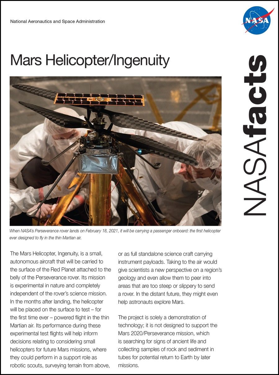 
			Mars Helicopter Ingenuity Fact Sheet - NASA Science			