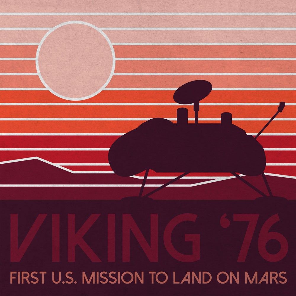 Anniversary artwork shows a NASA Viking 1 Lander or Viking 2 Lander on the surface of Mars.  Landing in 1976, Viking Landers were the first to touch down on the Red Planet.