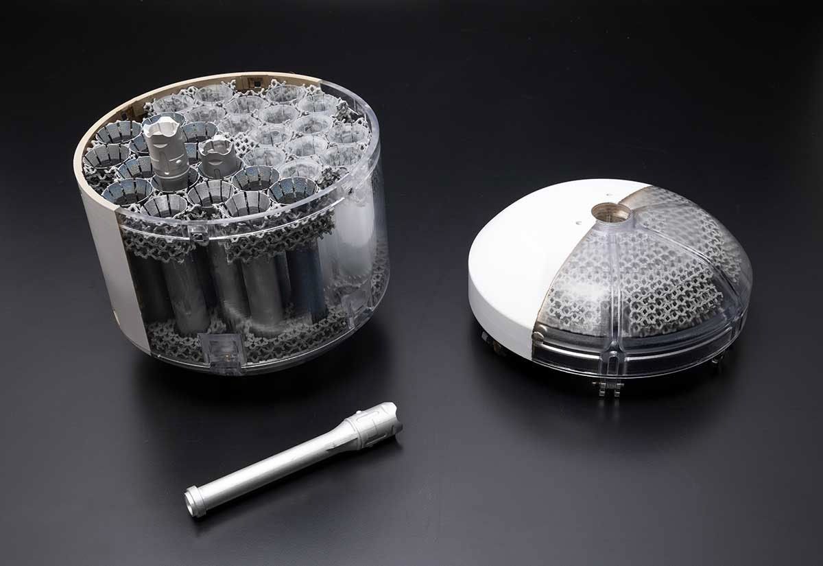 This image shows a concept model of NASA's orbiting sample container, which will hold tubes of Martian rock and soil samples that will be returned to Earth through a Mars sample return campaign.