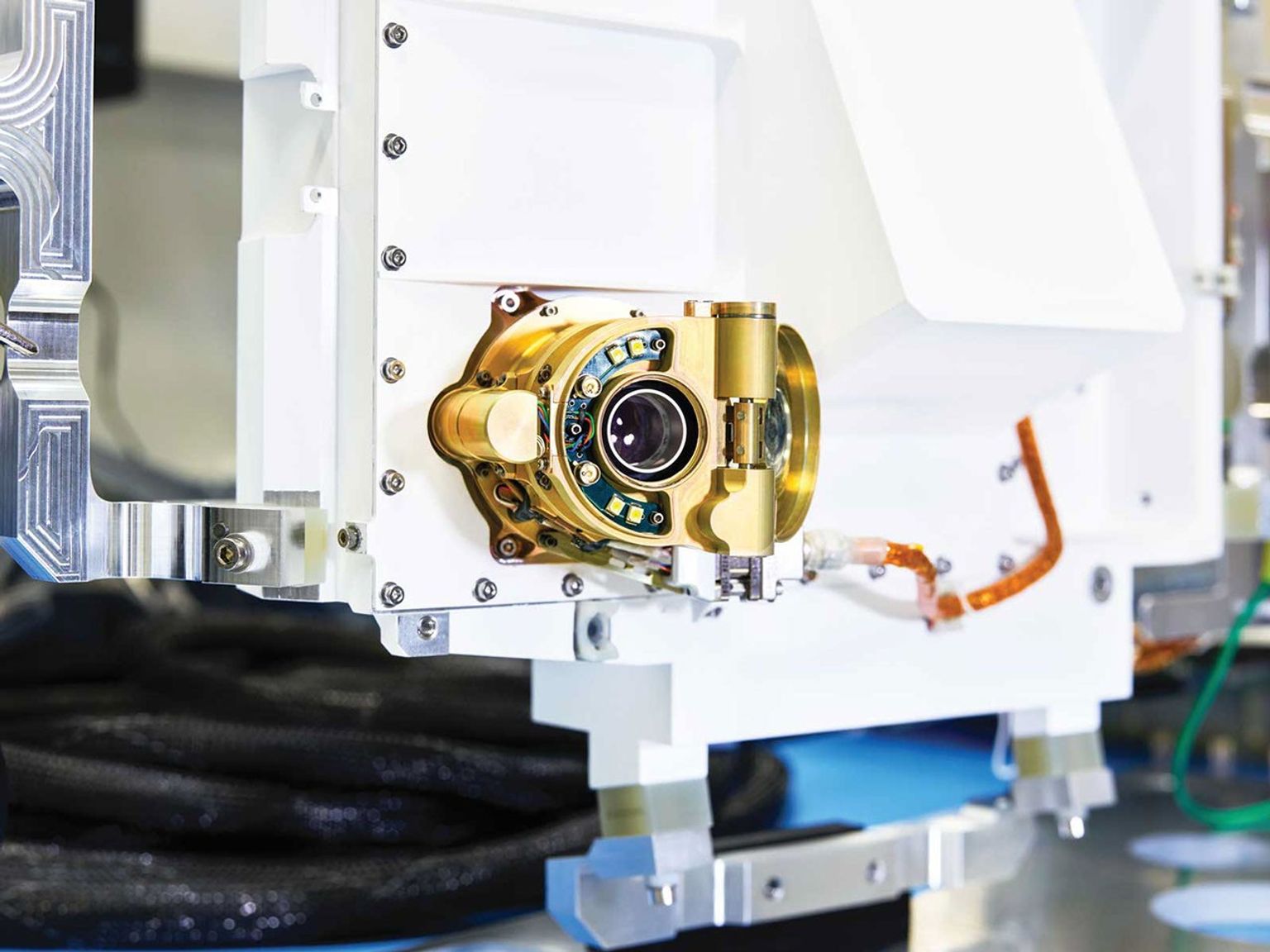 A close-up view of an engineering model of SHERLOC (Scanning Habitable Environments with Raman & Luminescence for Organics & Chemicals), one the instruments aboard NASA's Perseverance Mars rover.