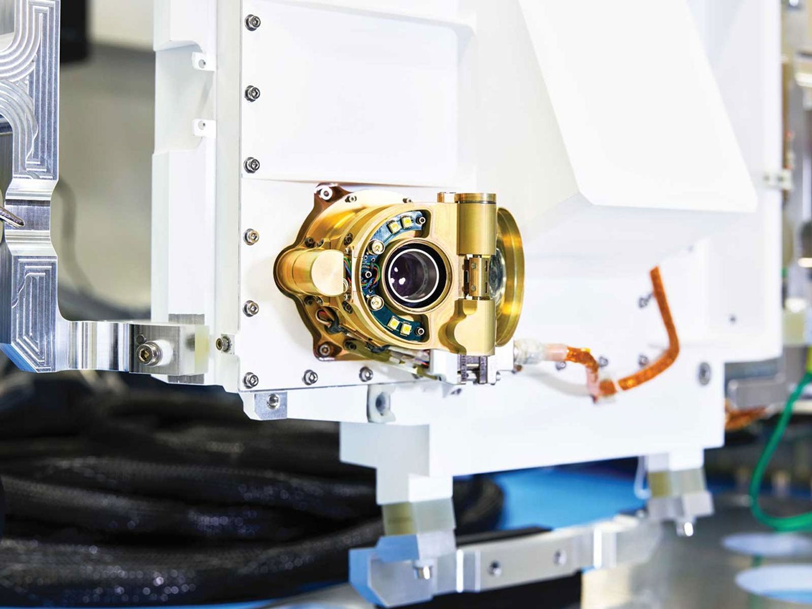 A close-up view of an engineering model of SHERLOC (Scanning Habitable Environments with Raman & Luminescence for Organics & Chemicals), one the instruments aboard NASA's Perseverance Mars rover.