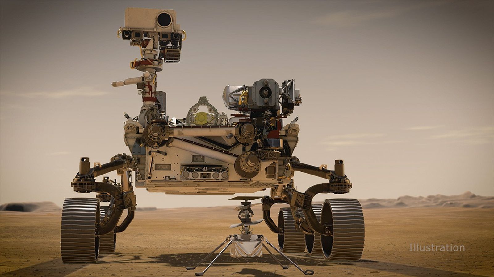 Illustration of NASA's Mars 2020 Perseverance rover and NASA's Ingenuity Mars Helicopter