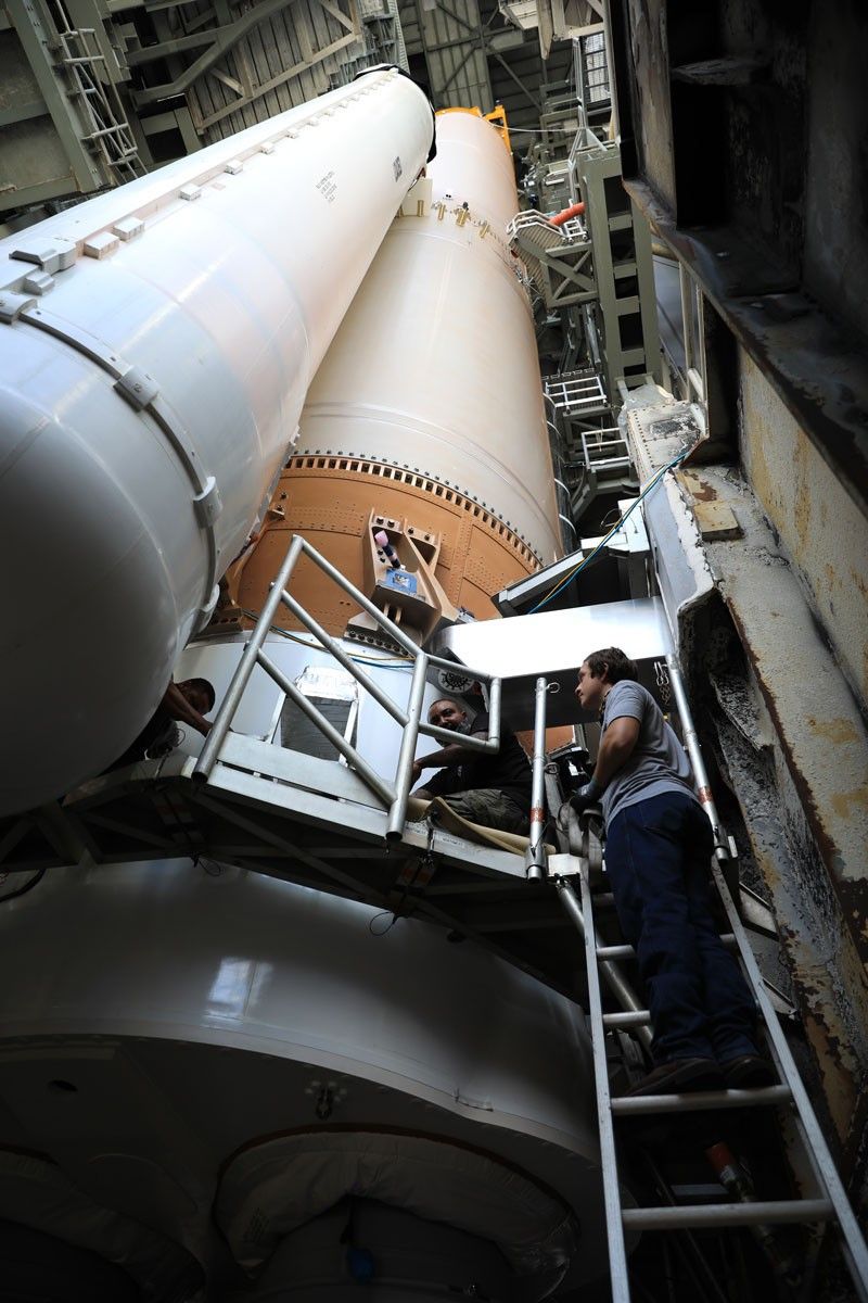 A worker is inside the Vertical Integration Facility at Cape Canaveral Air Force Station