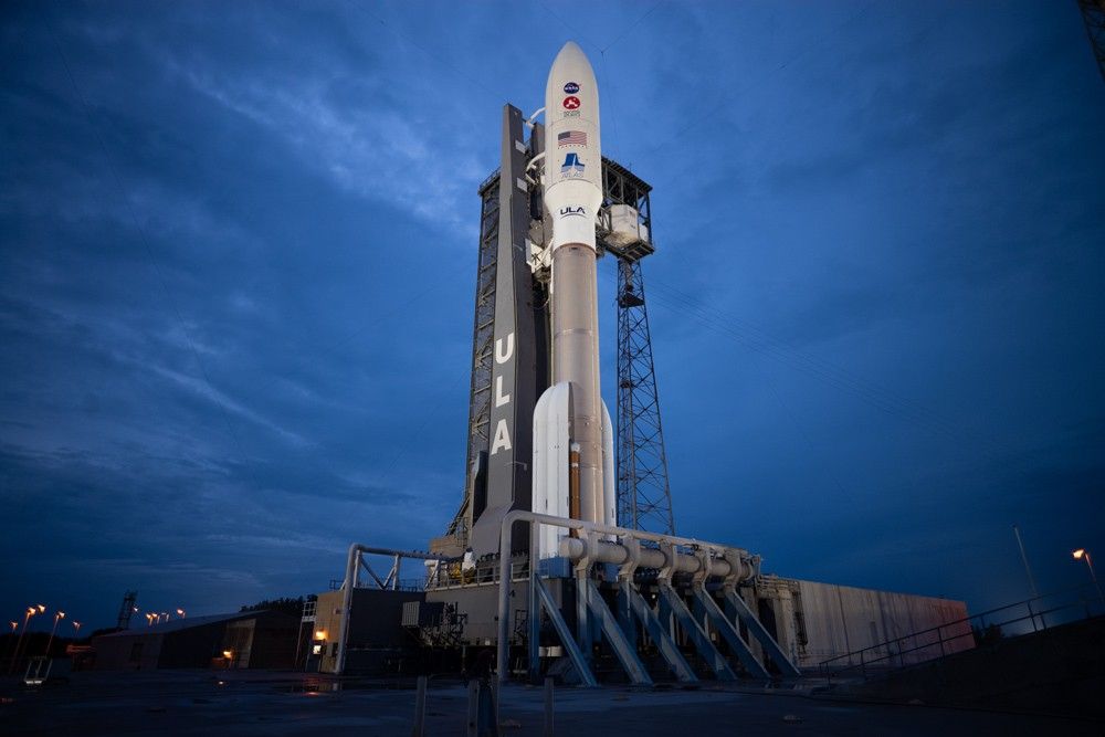 Night view of the Atlas V rocket with NASA’s Mars 2020 Perseverance rover onboard at KSC