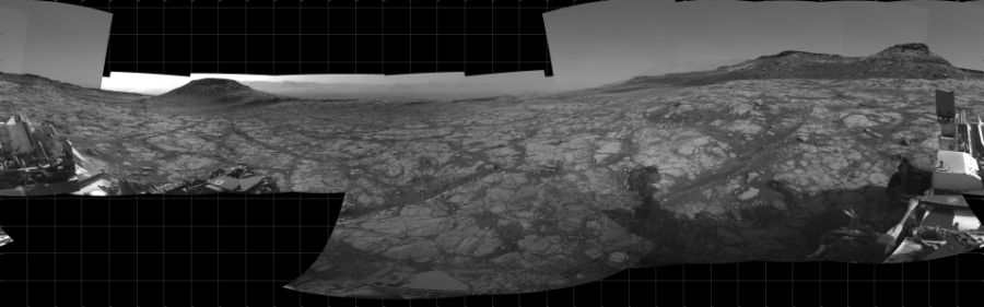 NASA's Mars rover Curiosity took 27 images in Gale Crater using its mast-mounted Right Navigation Camera (Navcam) to create this mosaic. The seam-corrected mosaic provides a 360-degree cylindrical projection panorama of the Martian surface centered at 30 degrees azimuth (measured clockwise from north). Curiosity took the images on May 01, 2020, Sols 2749-2747 of the Mars Science Laboratory mission at drive 2008, site number 79. The local mean solar time for the image exposures was from 4 PM to 12 PM. Each Navcam image has a 45 degree field of view. CREDIT: NASA/JPL-Caltech