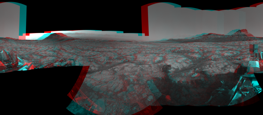 NASA's Mars rover Curiosity took 24 image pairs in Gale Crater using its mast-mounted Navigation Camera (Navcam) to create this mosaic. The seam-corrected mosaic provides a 360-degree cylindrical perspective projection panorama of the Martian surface suitable for stereo viewing, centered at 20 degrees azimuth (measured clockwise from north). This anaglyph must be viewed with red/blue glasses (red over left eye).  Curiosity took the images on May 01, 2020, Sols 2749-2747 of the Mars Science Laboratory mission at drive 2008, site number 79. The local mean solar time for the image exposures was from 3 PM to 12 PM. Each Navcam image has a 45-degree field of view. CREDIT: NASA/JPL-Caltech