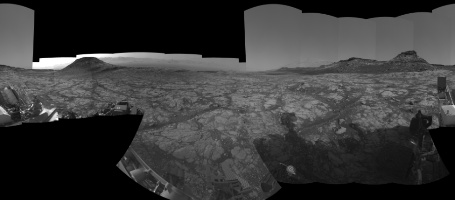 NASA's Mars rover Curiosity took 24 images in Gale Crater using its mast-mounted Left Navigation Camera (Navcam) to create this mosaic. The seam-corrected mosaic provides a 360-degree cylindrical-perspective projection panorama of the Martian surface suitable for stereo viewing, centered at 20 degrees azimuth (measured clockwise from north). This single-eye view must be combined with the partner right image to be viewed in stereo.  Curiosity took the images on May 01, 2020, Sols 2749-2747 of the Mars Science Laboratory mission at drive 2008, site number 79. The local mean solar time for the image exposures was from 3 PM to 12 PM. Each Navcam image has a 45-degree field of view. CREDIT: NASA/JPL-Caltech