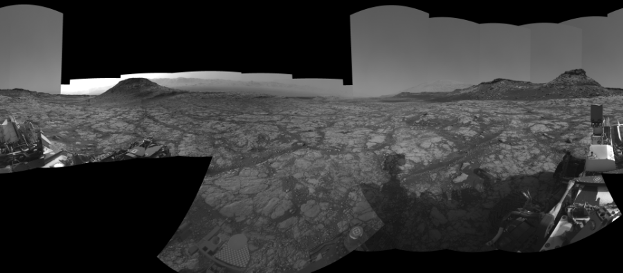NASA's Mars rover Curiosity took 24 images in Gale Crater using its mast-mounted Right Navigation Camera (Navcam) to create this mosaic. The seam-corrected mosaic provides a 360-degree cylindrical-perspective projection panorama of the Martian surface suitable for stereo viewing, centered at 10 degrees azimuth (measured clockwise from north). This single-eye view must be combined with the partner left image to be viewed in stereo. Curiosity took the images on May 01, 2020, Sols 2749-2747 of the Mars Science Laboratory mission at drive 2008, site number 79. The local mean solar time for the image exposures was from 3 PM to 12 PM. Each Navcam image has a 45-degree field of view. CREDIT: NASA/JPL-Caltech