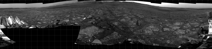 NASA's Mars rover Curiosity took 33 images in Gale Crater using its mast-mounted Right Navigation Camera (Navcam) to create this mosaic. The seam-corrected mosaic provides a 360-degree cylindrical projection panorama of the Martian surface centered at 167 degrees azimuth (measured clockwise from north). Curiosity took the images on August 21, 2020, Sols 2858-2829 of the Mars Science Laboratory mission at drive 2176, site number 82. The local mean solar time for the image exposures was from 3 PM to 4 PM. Each Navcam image has a 45 degree field of view. CREDIT: NASA/JPL-Caltech