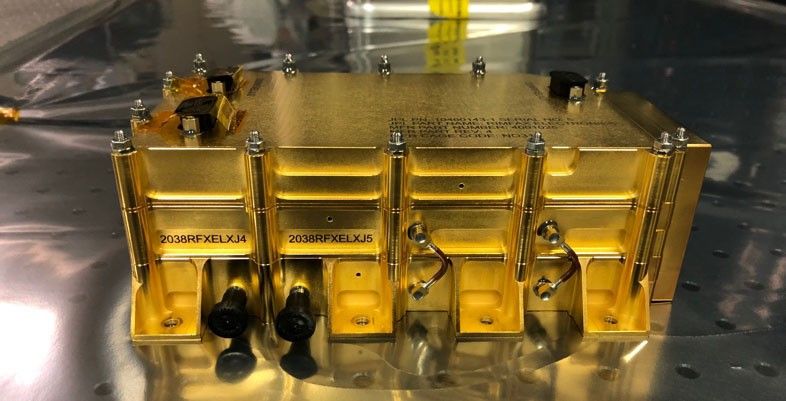 The Radar Imager for Mars' Subsurface Experiment (RIMFAX) electronics box before being integrated into the Perseverance rover at NASA's Jet Propulsion Laboratory in Pasadena, Calif.