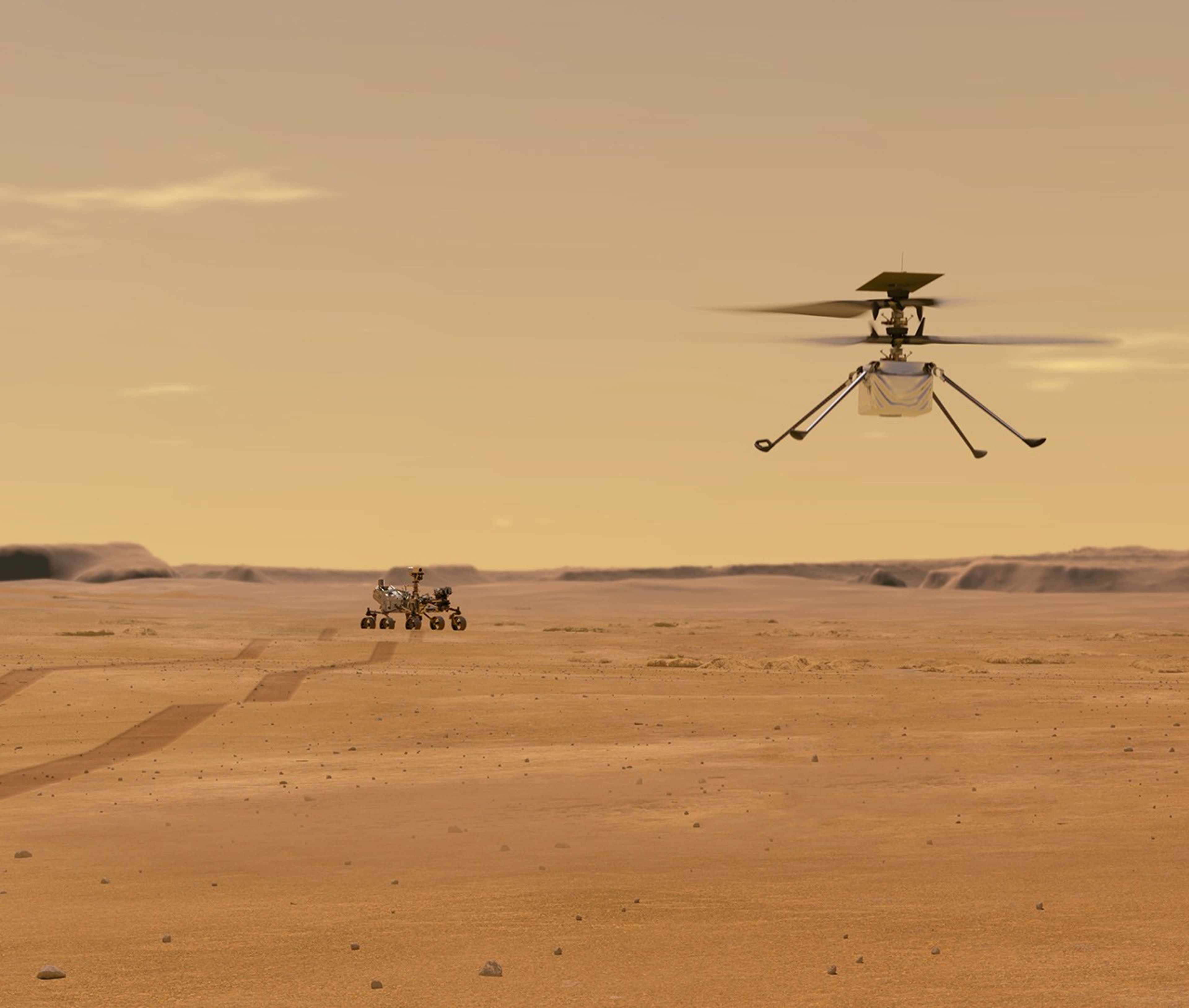 llustration of Mars Helicopter in flight over a flat Martian landscape, with the Perseverance rover in the distant background.