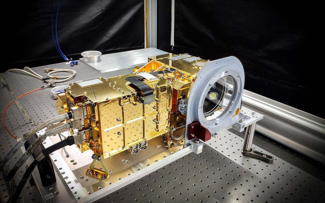 SuperCam's mast unit before being installed atop the Perseverance rover's remote sensing mast.