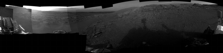 NASA's Mars rover Curiosity took 22 images in Gale Crater using its mast-mounted Right Navigation Camera (Navcam) to create this mosaic. The seam-corrected mosaic provides a 360-degree cylindrical projection panorama of the Martian surface centered at 18 degrees azimuth (measured clockwise from north). Curiosity took the images on November 11, 2020, Sol 2938 of the Mars Science Laboratory mission at drive 1518, site number 83. The local mean solar time for the image exposures was 6 PM. Each Navcam image has a 45 degree field of view. CREDIT: NASA/JPL-Caltech
