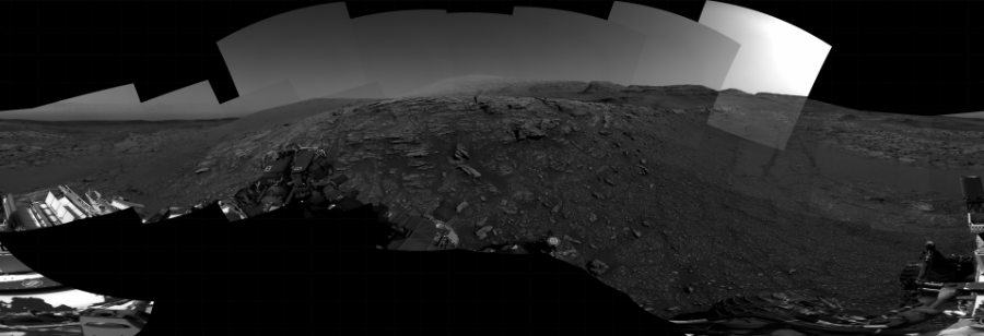 NASA's Mars rover Curiosity took 25 images in Gale Crater using its mast-mounted Right Navigation Camera (Navcam) to create this mosaic. The seam-corrected mosaic provides a 360-degree cylindrical projection panorama of the Martian surface centered at 116 degrees azimuth (measured clockwise from north). Curiosity took the images on November 13, 2020, Sol 2940 of the Mars Science Laboratory mission at drive 1584, site number 83. The local mean solar time for the image exposures was from 3 PM to 4 PM. Each Navcam image has a 45 degree field of view. CREDIT: NASA/JPL-Caltech