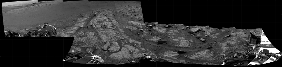 NASA's Mars rover Curiosity took 12 images in Gale Crater using its mast-mounted Right Navigation Camera (Navcam) to create this mosaic. The seam-corrected mosaic provides a 333-degree cylindrical projection panorama of the Martian surface centered at 222 degrees azimuth (measured clockwise from north). Curiosity took the images on November 20, 2020, Sol 2947 of the Mars Science Laboratory mission at drive 2382, site number 83. The local mean solar time for the image exposures was 4 PM. Each Navcam image has a 45 degree field of view. CREDIT: NASA/JPL-Caltech