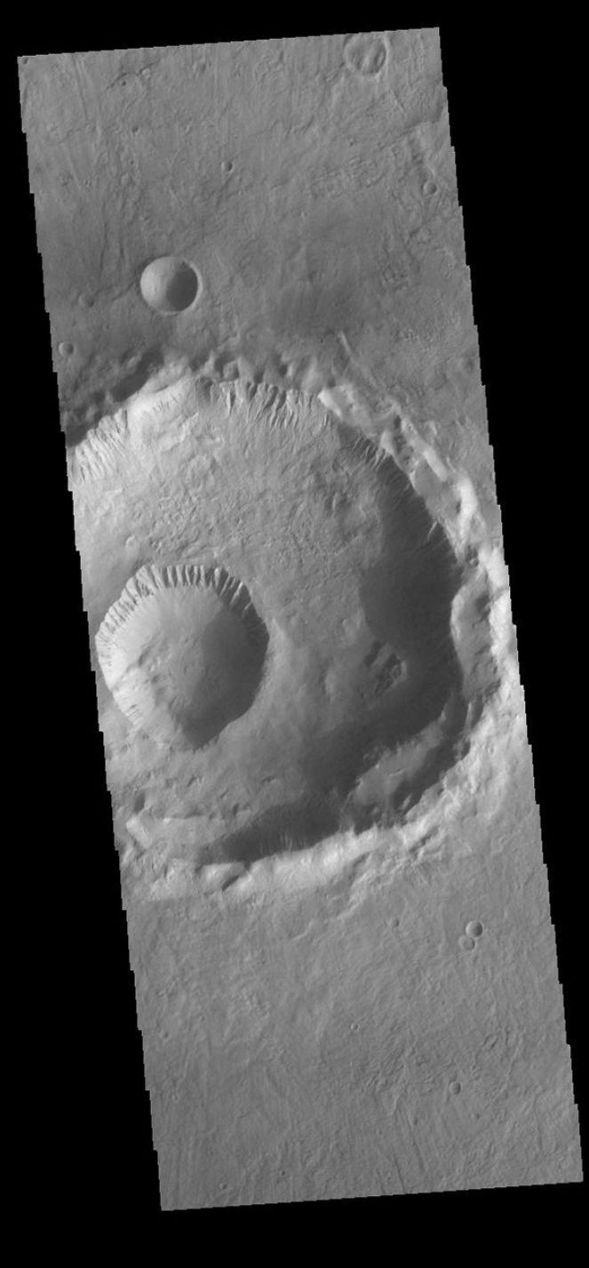 This image from NASAs Mars Odyssey shows Gasa Crater located on the floor of a larger unnamed crater Eridania Planitia.