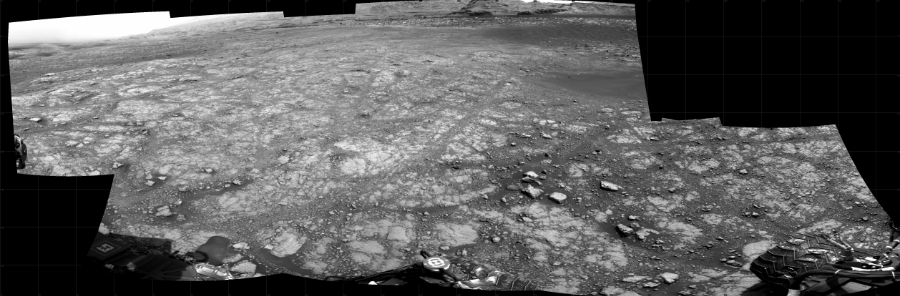 NASA's Mars rover Curiosity took 10 images in Gale Crater using its mast-mounted Right Navigation Camera (Navcam) to create this mosaic. The seam-corrected mosaic provides a 236-degree cylindrical projection panorama of the Martian surface centered at 148 degrees azimuth (measured clockwise from north). Curiosity took the images on December 02, 2020, Sol 2958 of the Mars Science Laboratory mission at drive 444, site number 84. The local mean solar time for the image exposures was 3 PM. Each Navcam image has a 45 degree field of view. CREDIT: NASA/JPL-Caltech