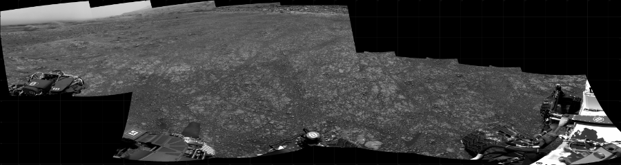 NASA's Mars rover Curiosity took 12 images in Gale Crater using its mast-mounted Right Navigation Camera (Navcam) to create this mosaic. The seam-corrected mosaic provides a 295-degree cylindrical projection panorama of the Martian surface centered at 159 degrees azimuth (measured clockwise from north). Curiosity took the images on December 02, 2020, Sol 2959 of the Mars Science Laboratory mission at drive 540, site number 84. The local mean solar time for the image exposures was 1 PM. Each Navcam image has a 45 degree field of view. CREDIT: NASA/JPL-Caltech