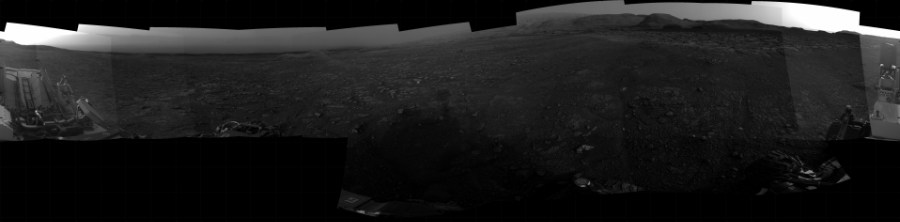 NASA's Mars rover Curiosity took 21 images in Gale Crater using its mast-mounted Right Navigation Camera (Navcam) to create this mosaic. The seam-corrected mosaic provides a 360-degree cylindrical projection panorama of the Martian surface centered at 80 degrees azimuth (measured clockwise from north). Curiosity took the images on December 09, 2020, Sol 2965 of the Mars Science Laboratory mission at drive 1030, site number 84. The local mean solar time for the image exposures was from 5 PM to 6 PM. Each Navcam image has a 45 degree field of view. CREDIT: NASA/JPL-Caltech