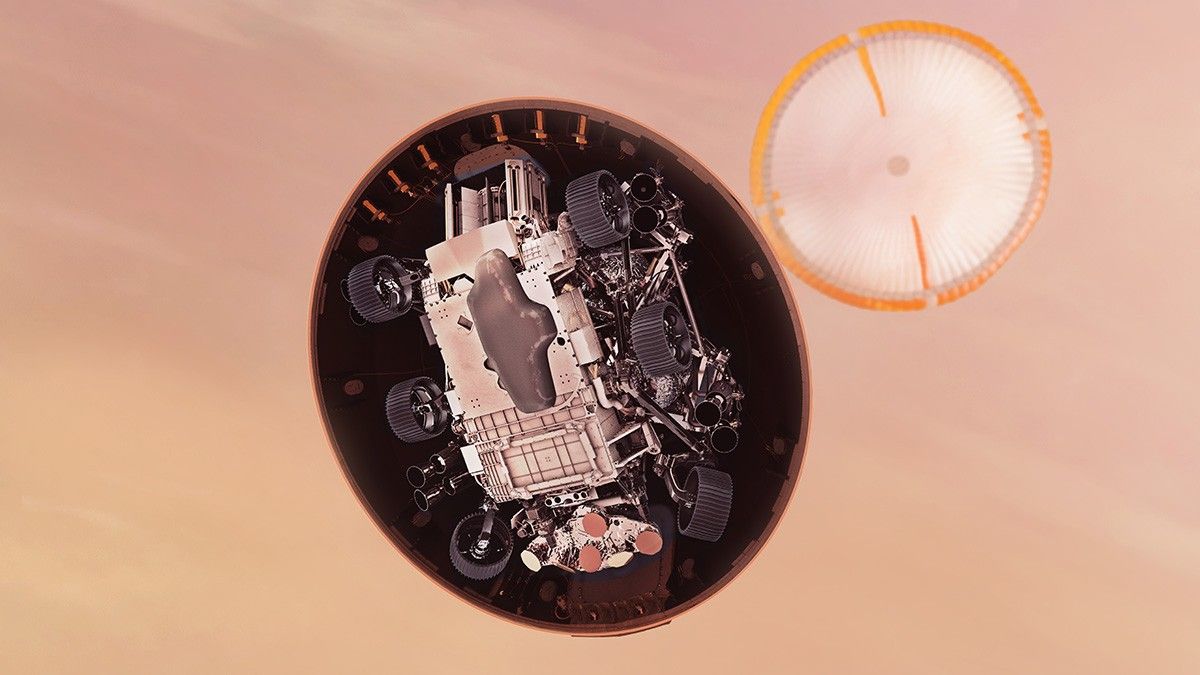 In this illustration, NASA’s Perseverance rover is very close to the Martian surface