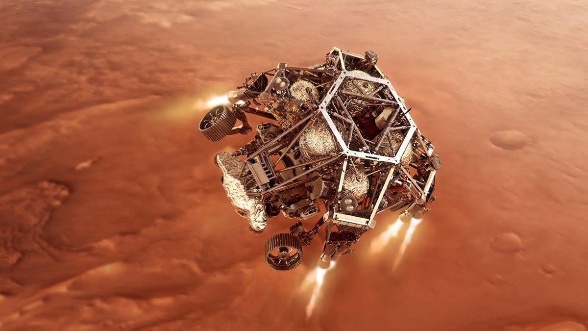 An illustration of NASA’s Perseverance rover as it fires up its descent stage engines