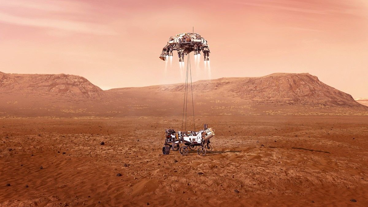 An illustration of NASA’s Perseverance rover landing safely on Mars. Hundreds of critical events must execute perfectly and exactly on time for the rover to land safely on Feb. 18, 2021.