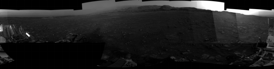 NASA's Mars rover Curiosity took 24 images in Gale Crater using its mast-mounted Right Navigation Camera (Navcam) to create this mosaic. The seam-corrected mosaic provides a 360-degree cylindrical projection panorama of the Martian surface centered at 128 degrees azimuth (measured clockwise from north). Curiosity took the images on December 11, 2020, Sol 2967 of the Mars Science Laboratory mission at drive 1360, site number 84. The local mean solar time for the image exposures was from 5 PM to 6 PM. Each Navcam image has a 45 degree field of view. CREDIT: NASA/JPL-Caltech