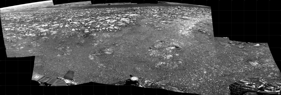 NASA's Mars rover Curiosity took 10 images in Gale Crater using its mast-mounted Right Navigation Camera (Navcam) to create this mosaic. The seam-corrected mosaic provides a 224-degree cylindrical projection panorama of the Martian surface centered at 178 degrees azimuth (measured clockwise from north). Curiosity took the images on December 14, 2020, Sol 2970 of the Mars Science Laboratory mission at drive 1492, site number 84. The local mean solar time for the image exposures was 2 PM. Each Navcam image has a 45 degree field of view. CREDIT: NASA/JPL-Caltech