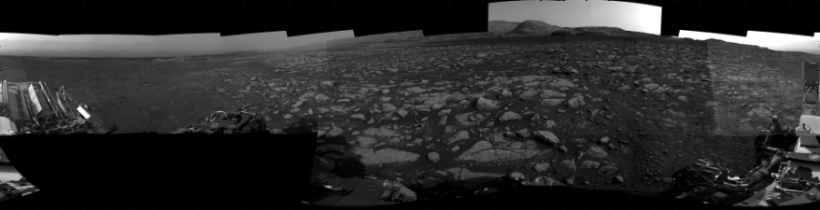NASA's Mars rover Curiosity took 21 images in Gale Crater using its mast-mounted Right Navigation Camera (Navcam) to create this mosaic. The seam-corrected mosaic provides a 360-degree cylindrical projection panorama of the Martian surface centered at 113 degrees azimuth (measured clockwise from north). Curiosity took the images on December 16, 2020, Sol 2972 of the Mars Science Laboratory mission at drive 1594, site number 84. The local mean solar time for the image exposures was from 4 PM to 5 PM. Each Navcam image has a 45 degree field of view. CREDIT: NASA/JPL-Caltech