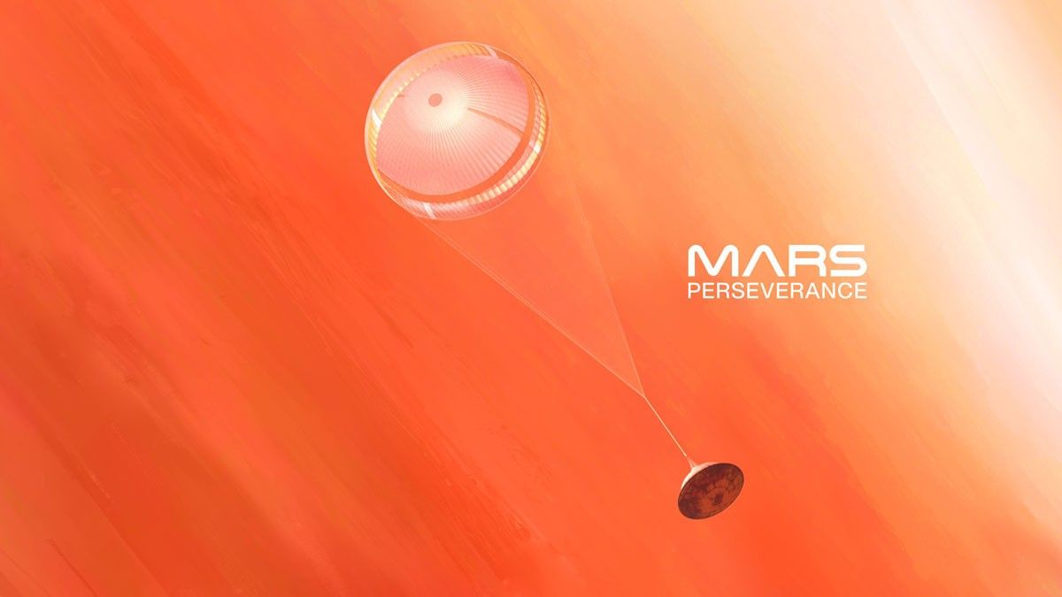 Spacecraft with parachute and orange background