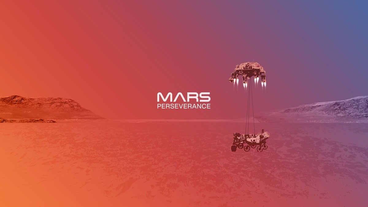 Perseverance rover touching down on Mars with gradient background