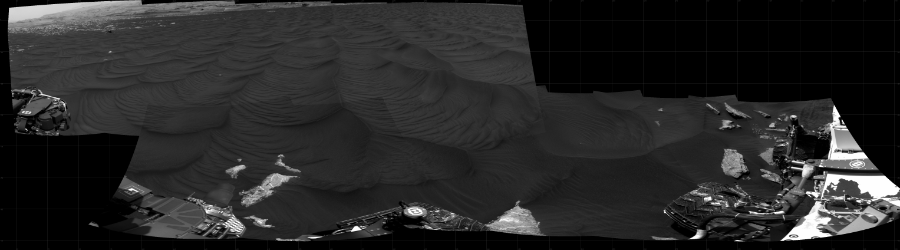 NASA's Mars rover Curiosity took 12 images in Gale Crater using its mast-mounted Right Navigation Camera (Navcam) to create this mosaic. The seam-corrected mosaic provides a 287-degree cylindrical projection panorama of the Martian surface centered at 198 degrees azimuth (measured clockwise from north). Curiosity took the images on December 23, 2020, Sol 2979 of the Mars Science Laboratory mission at drive 2044, site number 84. The local mean solar time for the image exposures was 2 PM. Each Navcam image has a 45 degree field of view. CREDIT: NASA/JPL-Caltech