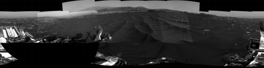 NASA's Mars rover Curiosity took 29 images in Gale Crater using its mast-mounted Right Navigation Camera (Navcam) to create this mosaic. The seam-corrected mosaic provides a 360-degree cylindrical projection panorama of the Martian surface centered at 156 degrees azimuth (measured clockwise from north). Curiosity took the images on January 08, 2021, Sols 2994-2991 of the Mars Science Laboratory mission at drive 2120, site number 84. The local mean solar time for the image exposures was from 1 PM to 5 PM. Each Navcam image has a 45 degree field of view. CREDIT: NASA/JPL-Caltech