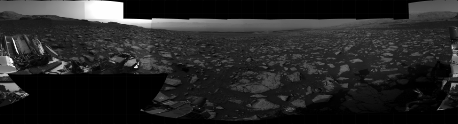 NASA's Mars rover Curiosity took 23 images in Gale Crater using its mast-mounted Right Navigation Camera (Navcam) to create this mosaic. The seam-corrected mosaic provides a 360-degree cylindrical projection panorama of the Martian surface centered at 341 degrees azimuth (measured clockwise from north). Curiosity took the images on January 09, 2021, Sol 2995 of the Mars Science Laboratory mission at drive 2352, site number 84. The local mean solar time for the image exposures was 4 PM. Each Navcam image has a 45 degree field of view. CREDIT: NASA/JPL-Caltech